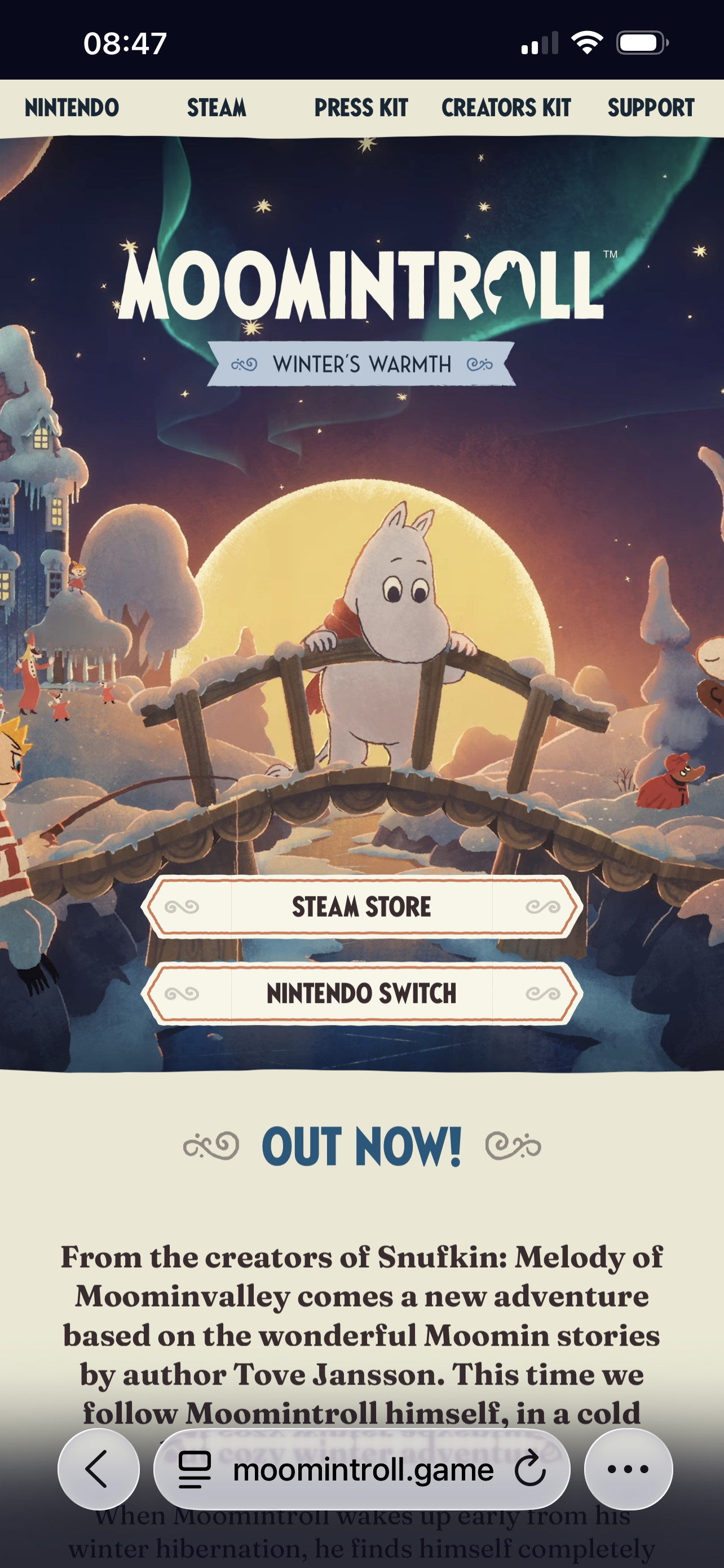 Screenshot of the new Moomintroll game. Moomin is standing on a bridge